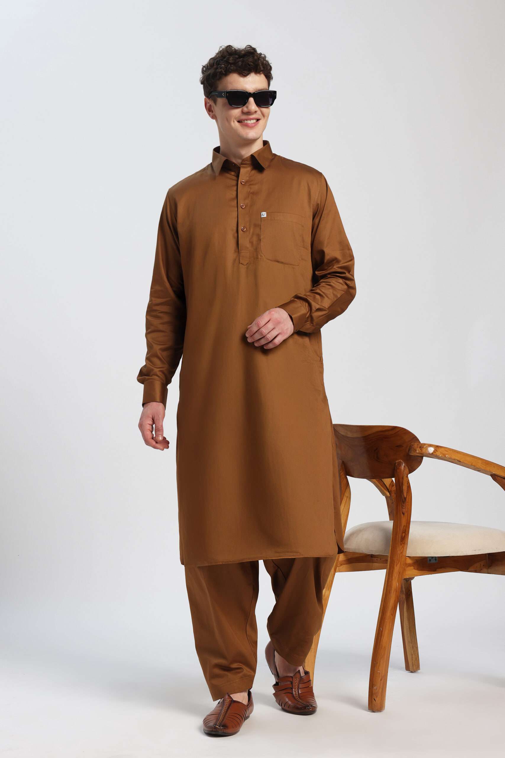 Elite 100% Satin Cotton Pathani Suit – Rust Brown