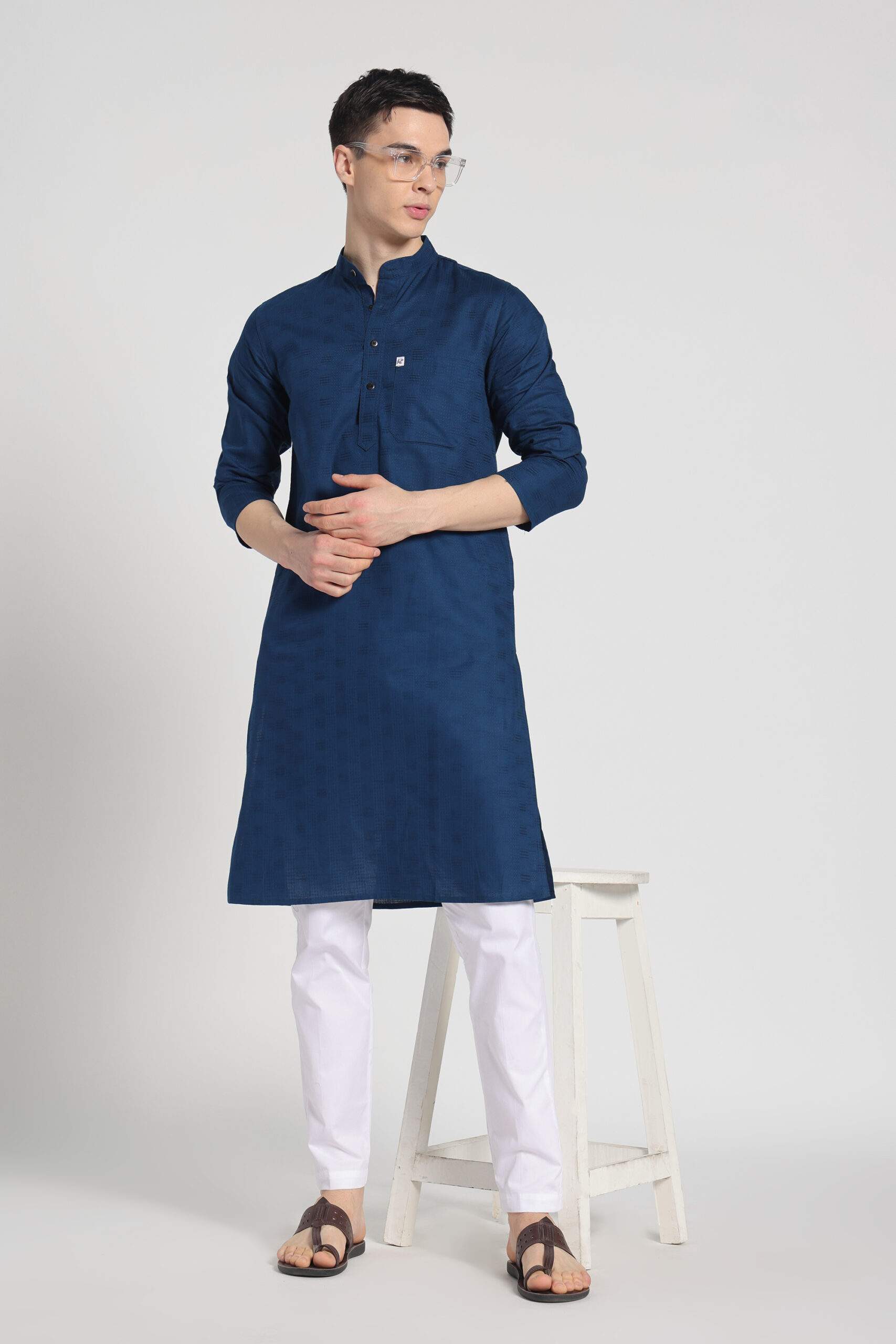 Majestic Peacock Blue Dobby Cotton Kurta