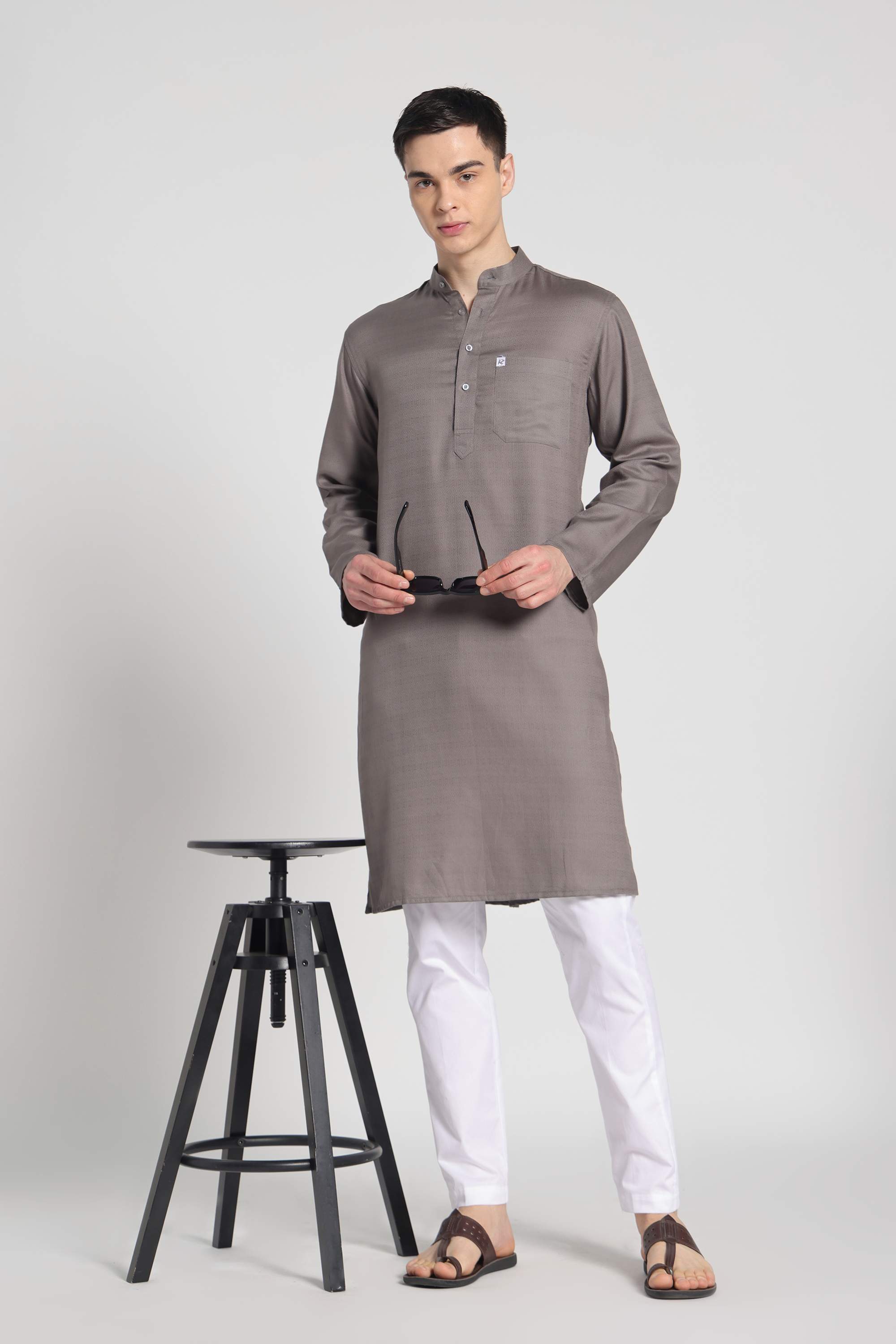 Steel Grey Textured Dobby Cotton Kurta