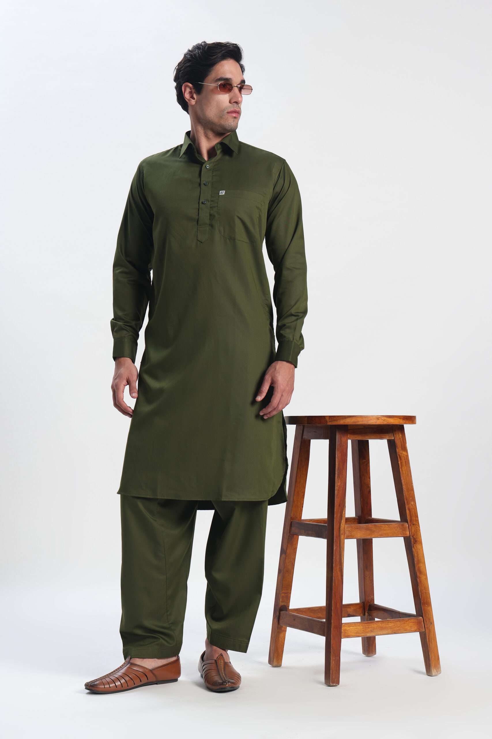 Men’s Heritage Olive Green Pathani Suit – Cotton Rich Blend