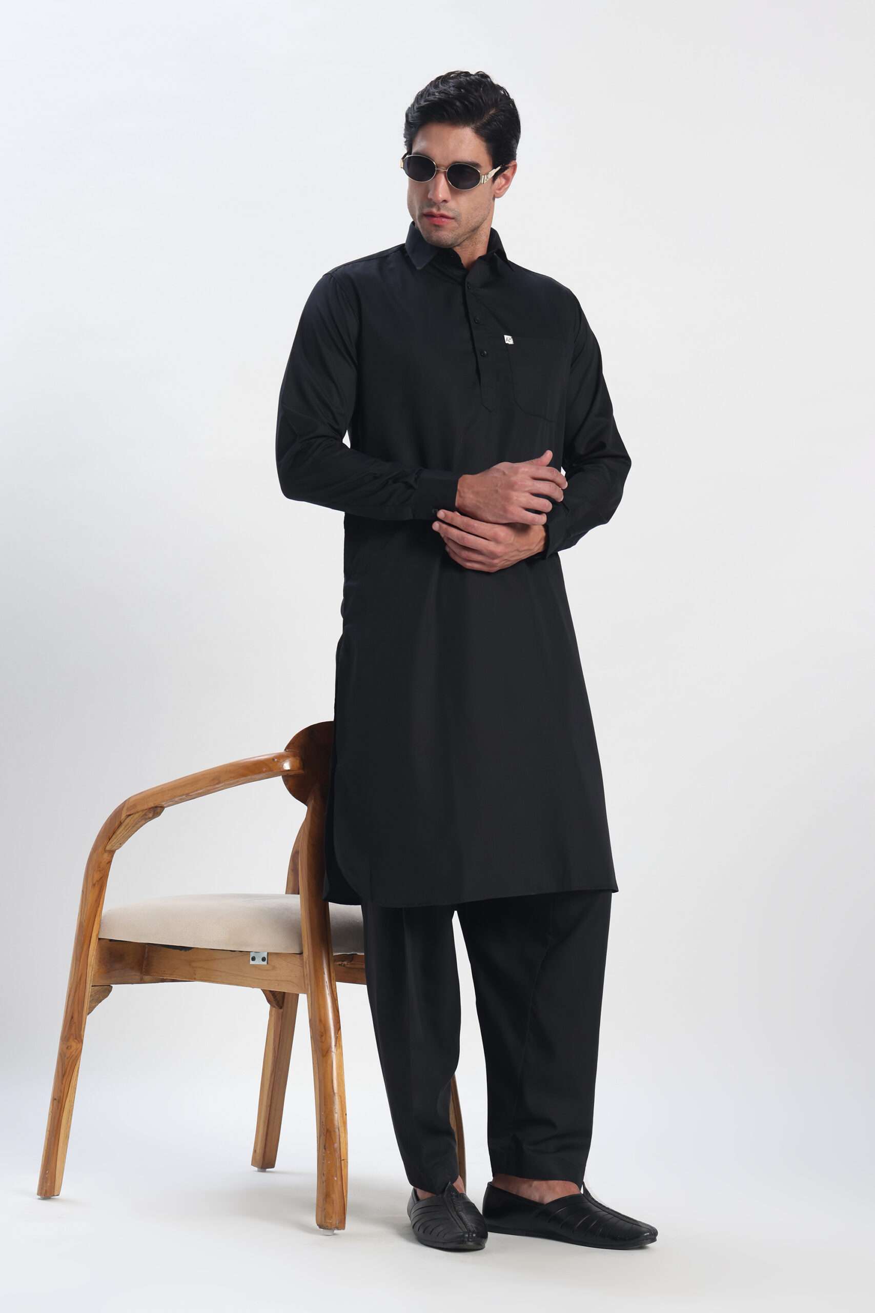 Men’s Classic Midnight Black Pathani Suit – Cotton Blend