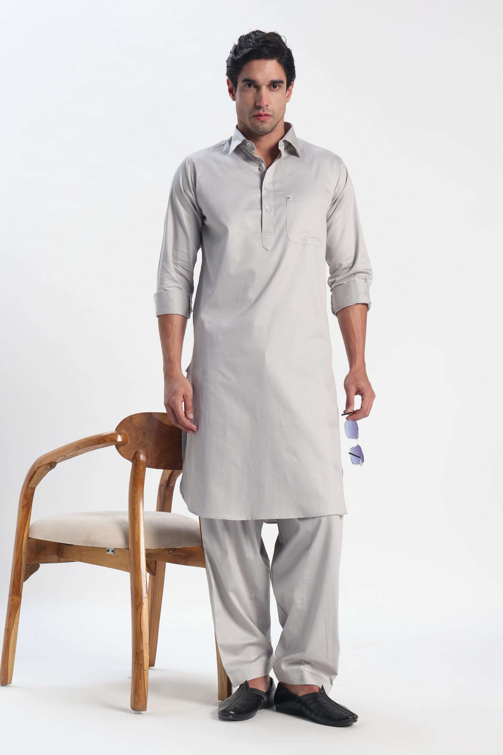Men’s Elite 100% Satin Cotton Pathani Suit – Dove Grey