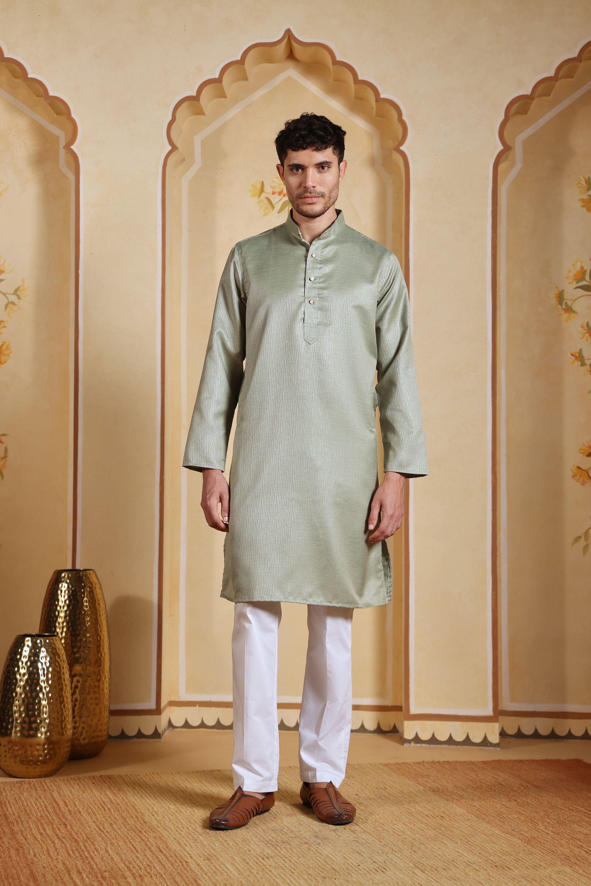 Rehan Kurta Metallic Sage Green Textured Silk-Blend Kurta