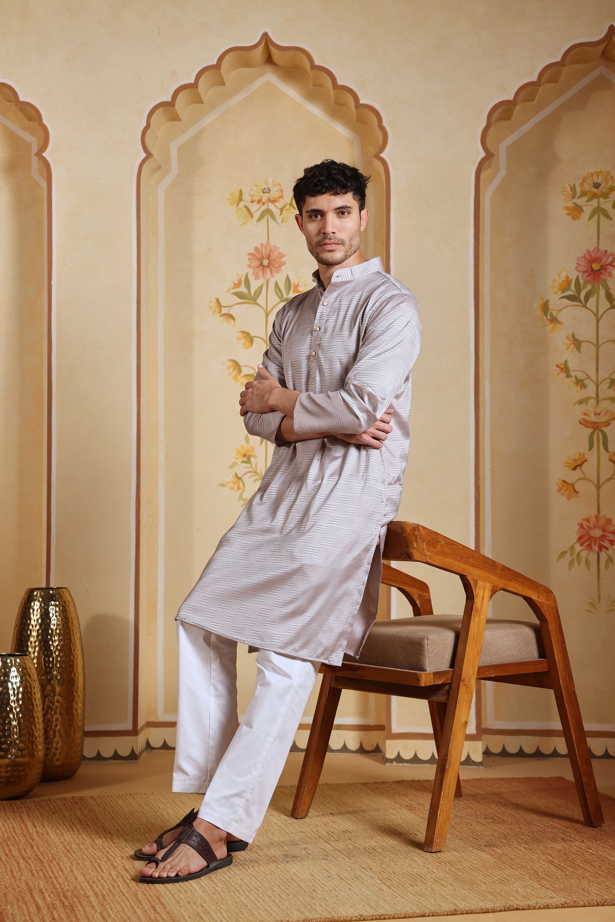 Light Mauve Platinum Textured Silk-Blend Kurta