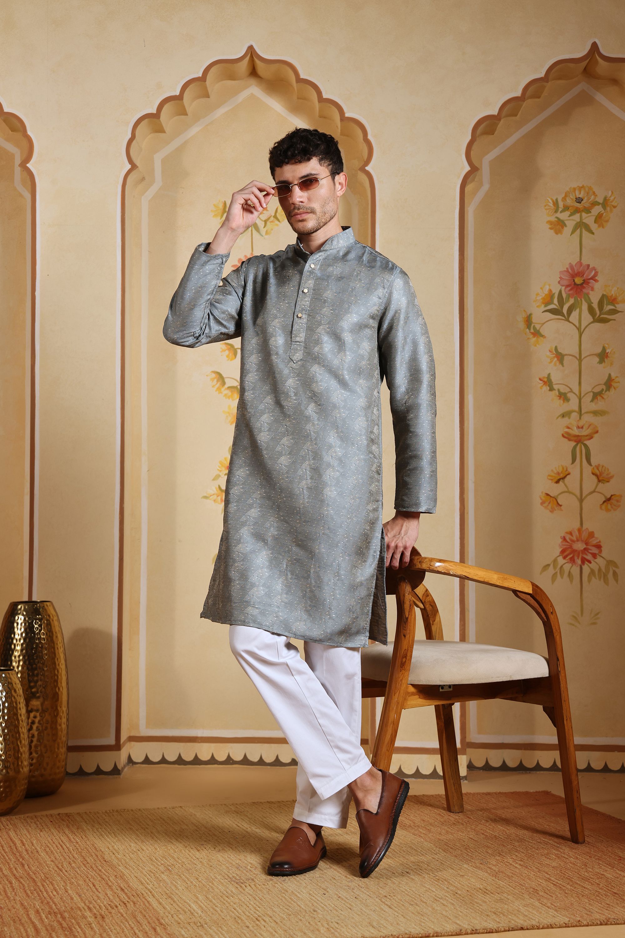 Metallic Grey Jacquard Silk-Blend Party Wear Kurta Pajama Set
