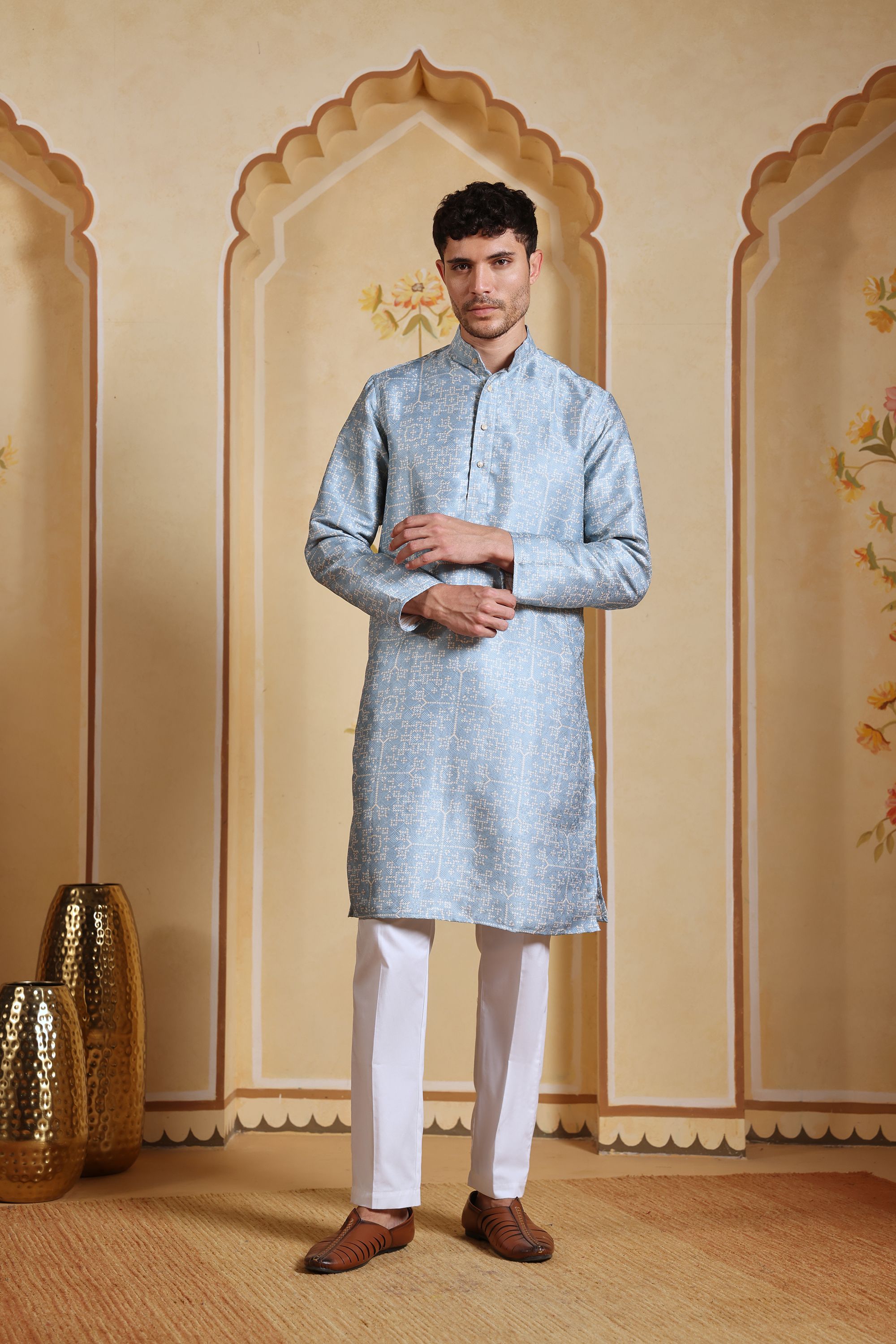 Rehan Kurta Powder Blue Geometric Jacquard Silk-Blend Kurta Pajama Set